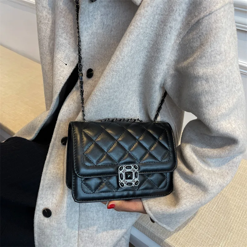 Women's Shoulder Bags PU Leather Fashion Simple Chain Diamond Bag for Women Solid Color Ladies Daily Crossbody Ladies Handbags