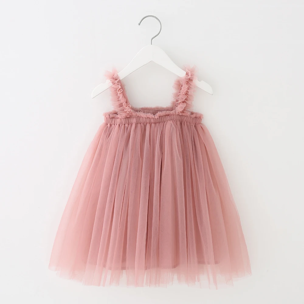 2024 Summer Kid\'s Baby Clothes Girls Mesh Suspenders Dresses 0-6 Y Ruffles Princess Dress Sweet Solid Color Daily Wear