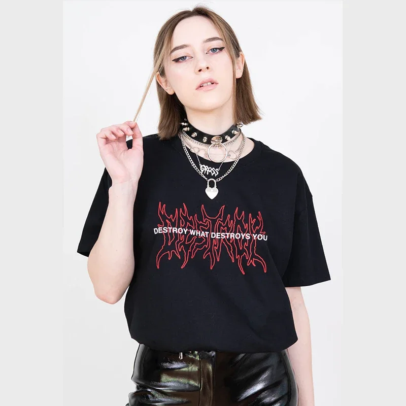 Destroy What Destroys You Women T Shirts Cotton Summer Fashion Goth Tshirt Black Colour T-shirt Punk Style Funny Tops Female