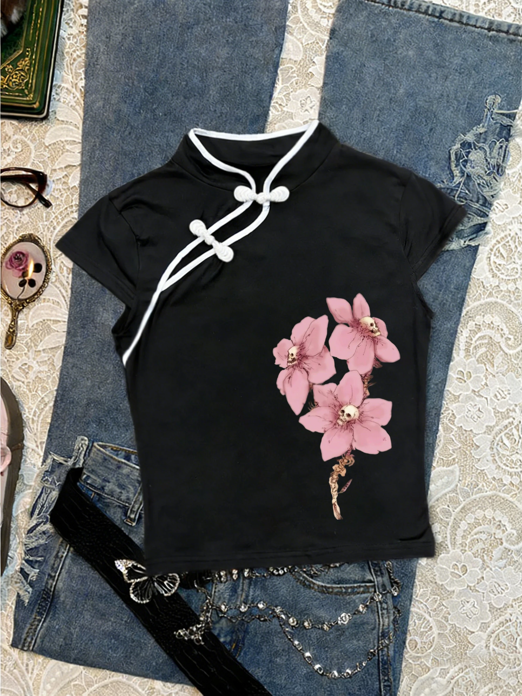 Summer Fashionable New Chinese Style Buckle Retro Slim Top Classic Versatile Casual Harajuku Aesthetic Printed T-shirt For Women