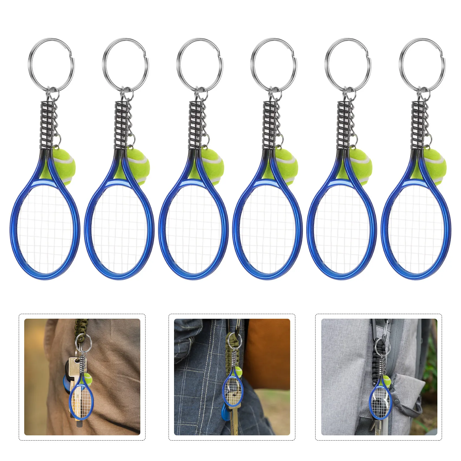 6Pcs Tennis Keychain Set Simulation Racket Ball Charms Portable Sport Style Keyring for Tennis Lovers Gym Travel Bag Accessories
