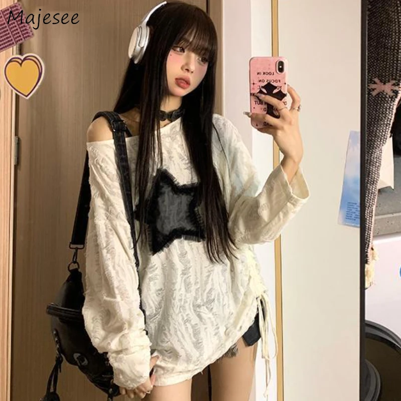 T-shirt a maniche lunghe vintage gotiche T-shirt da donna American Distressed Baggy Autunno Moda Streetwear Y2k Sexy Girls Star Top