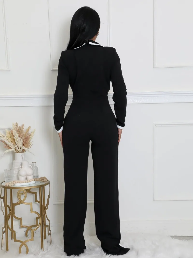 KEXU Contrast Color Work Wear Women Long Sleeve Notched Neck Wide Leg Blazer Jumpsuits Elegant OL One Piece Set Romper Playsuit