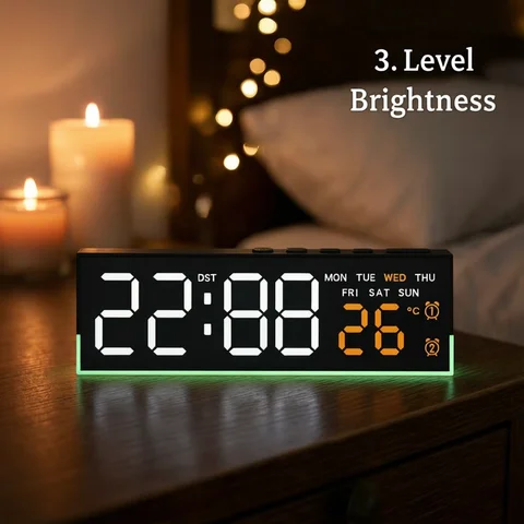USB Powered Digital Alarm Clock with Mood Light TEMP  Date Week 2 Alarms Auto Dimmable Snooze Table Clock 12/24H DST LED Clock