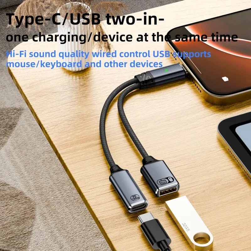 كابل USB C OTG 2 في 1 من النوع C إلى USB A مع منفذ شحن PD لهاتف Samsung Huawei Xiaomi والكمبيوتر المحمول والكمبيوتر اللوحي