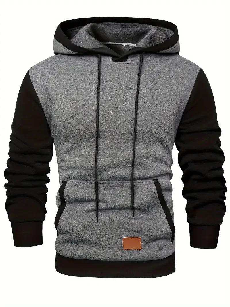 

Men's casual color-blocking hooded sweatshirt with a drawstring cap and kangaroo pockets, perfect for sports and parties
