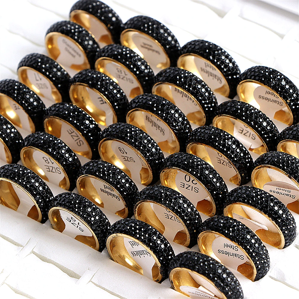 10/20/30/36/50 Pcs/Lot Fashion Five Rows Full Colorful Rhinestones Stainless Steel Rings Jewelry For Women Engagement Party Gift