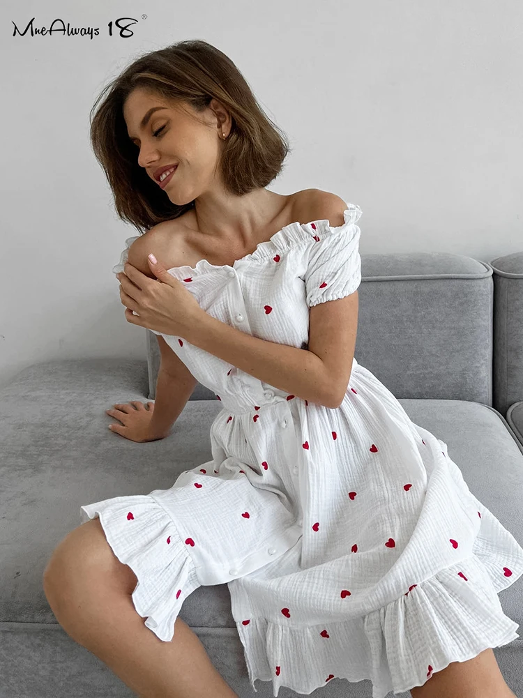 Mnealways18 Printing Heart Button Shirts Women Slash Neck Ruched Button Ruffled Dress Summer 2024 Office Lady Print A-Line Dress