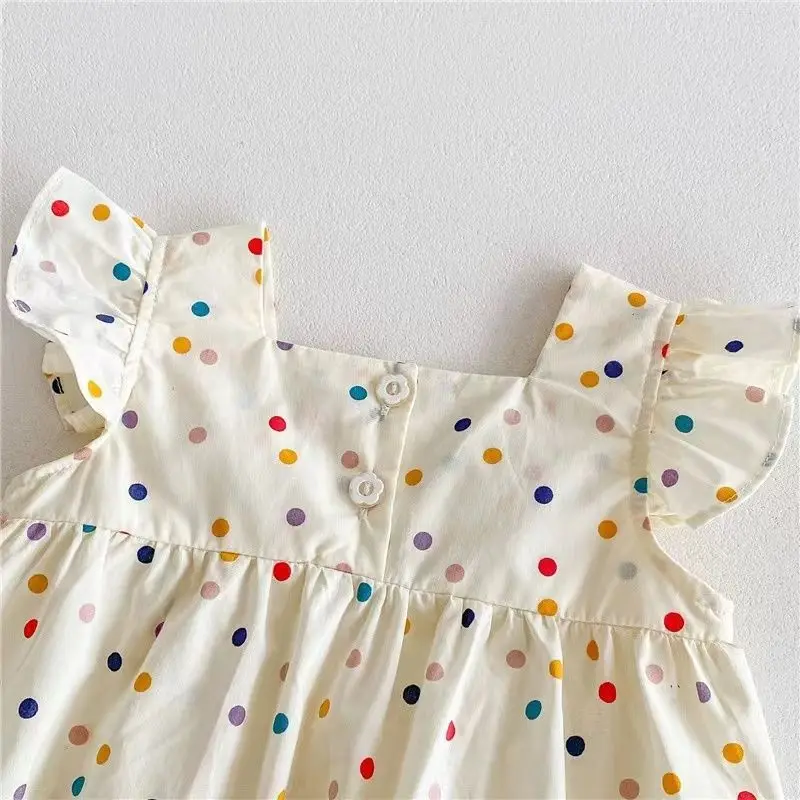 Summer Baby Girl Colorful Dotted Three Flowers Embroidered Little Flying Sleeves Jumpsuit Girl Cute Cotton Crawling Sweetheart