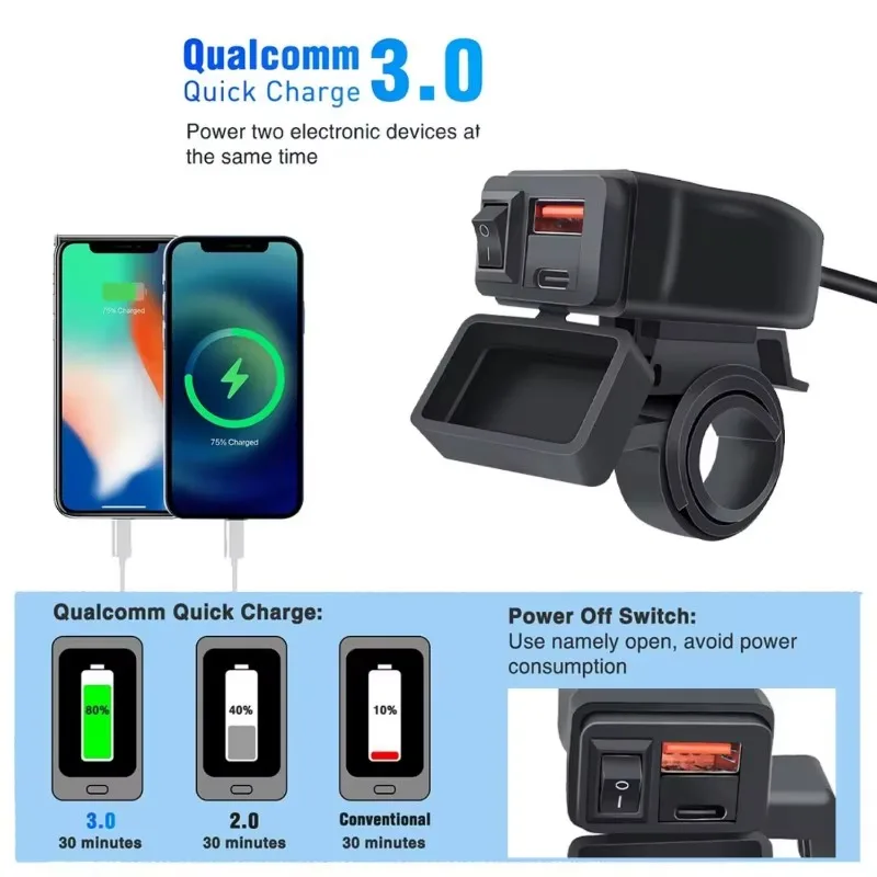 3.0 Motorcycle Fast Charger Handlebar Dual USB Socket 66W PD+QC With LED Voltmeter Waterproof 12V Power Supply Adapter For Moto
