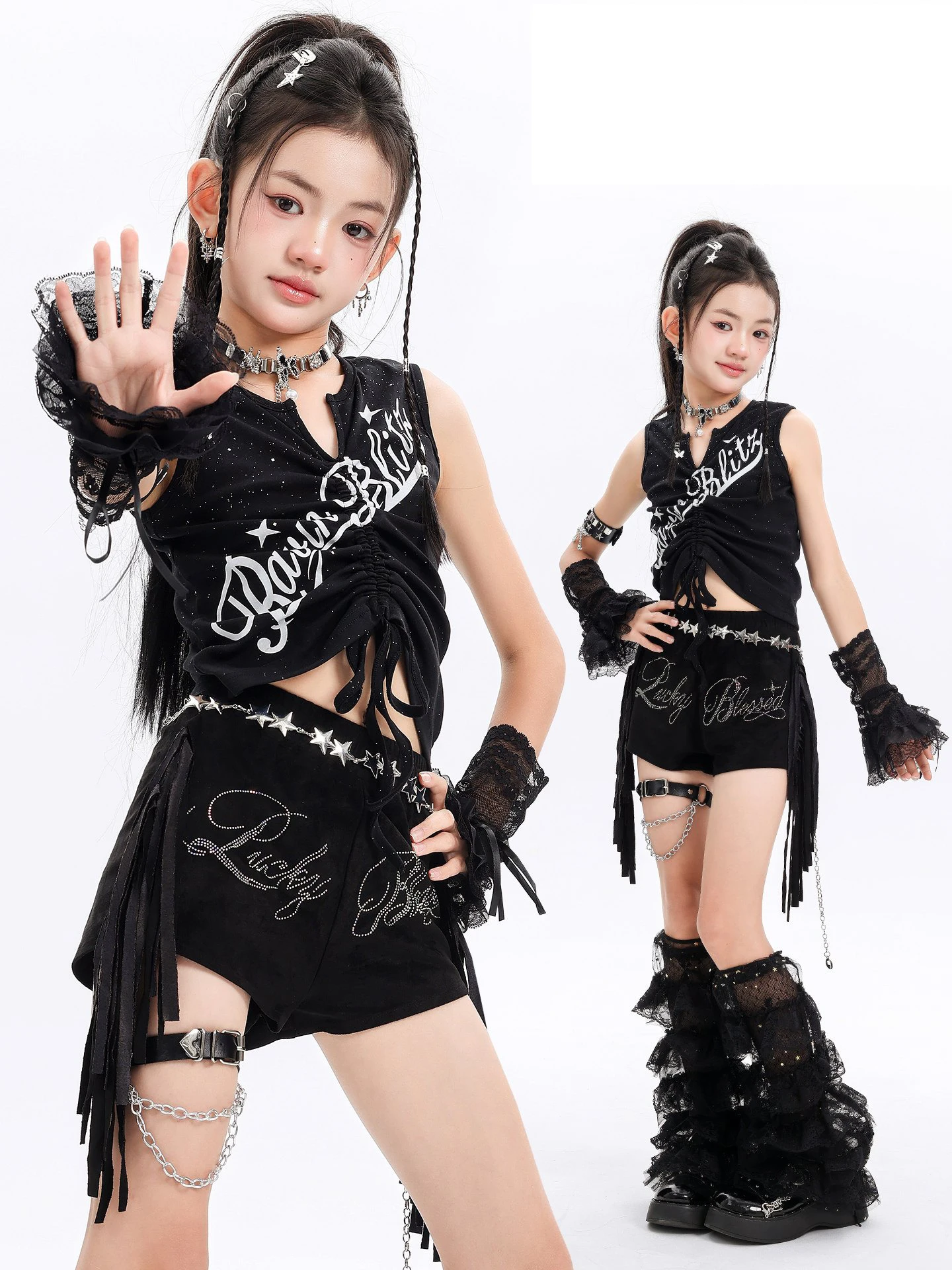 costume-jazz-per-ragazze-2026-gilet-nero-con-frange-e-pantaloncini-abbigliamento-estivo-y2k-kpop-outfit-hip-hop-per-bambini-abiti-per-esibizioni-di-cheerleading-bl19682