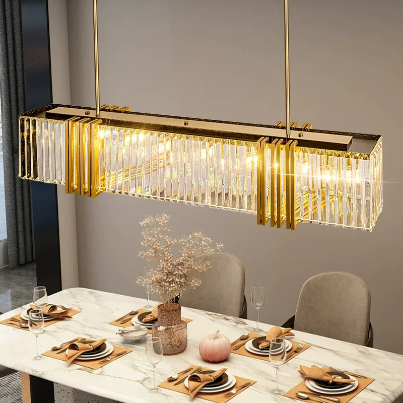 

Modern Rectangle Pendant Lights Luxury Gold K9 Crystal Dining Chandelier living room restaurant bar counter large Decor lamps