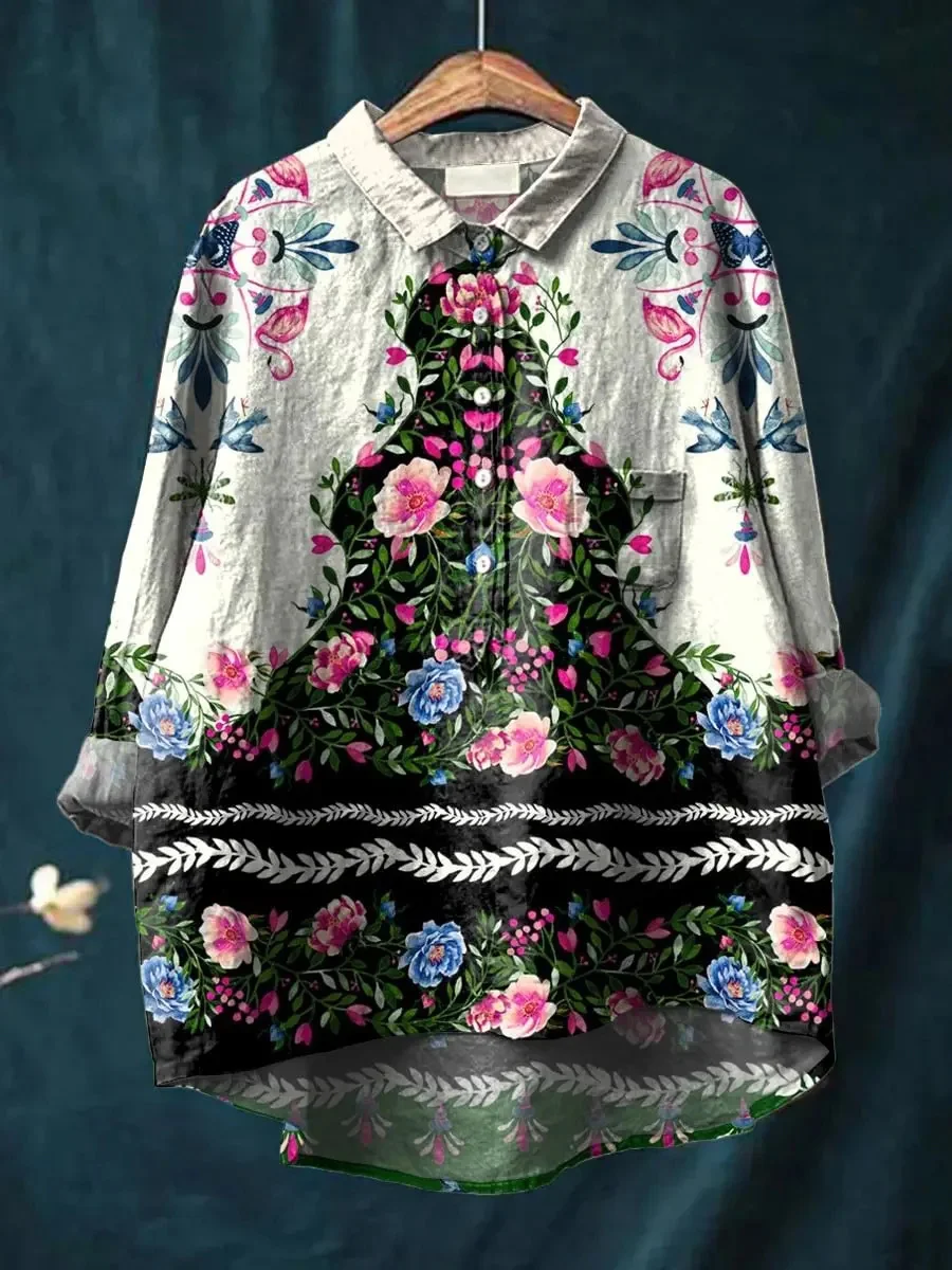 New Bohemian floral and bird print men's shirt in beige contrasting color with a collared seven quarter sleeved shirt