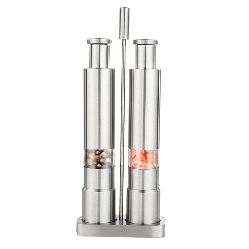 Manual Salt And Pepper Grinder Set Thumb Push Pepper Mill Stainless Steel Spice Sauce Grinders With Metal Holder