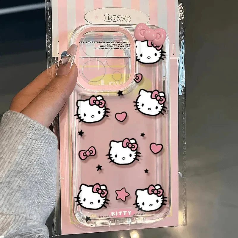 Sanrio Hello Kitty Bow Full Screen KT Phone Case For iPhone 16 15 14 13 12 11 Pro Max XR XS MAX 7 8 Plus Lovely Anti Fall Cover