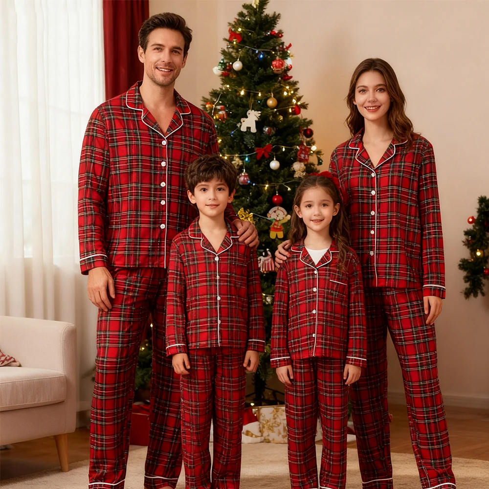 Family Christmas Pajamas Matching Sets Adult And Kids Xmas Red Plaid Button Shirts Tops+Pants Baby Romper Loungewear Pyjamas