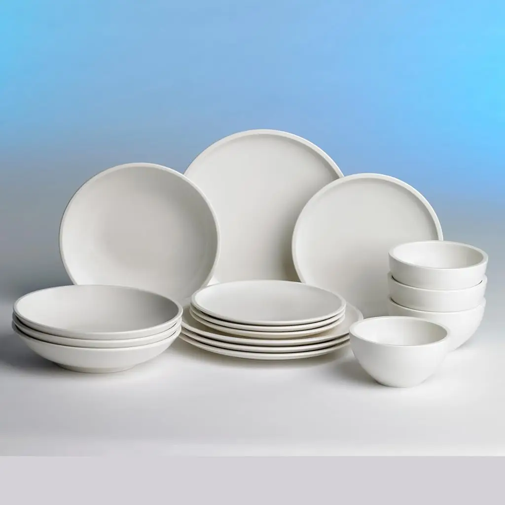 Original 16-Piece Dinnerware Set, Service for 4, Plates and Bowls, Premium Porcelain, Microwave