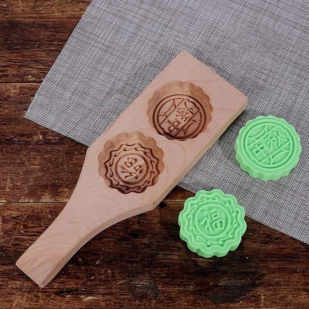 Natural Wood Wooden Mooncake Mold Double Slot Clear Texture Pastry Press Mould Easy-to-Mold Hand Carved Style