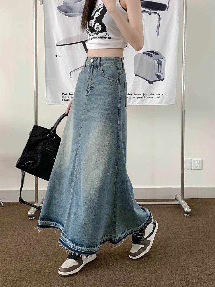 REDDACHiC Y2k Raw Edge Stitch Maxi Denim Skirt Plain Casual High Waist Long Jeans Skirt Korean Dongdaemun Retro Women Streetwear