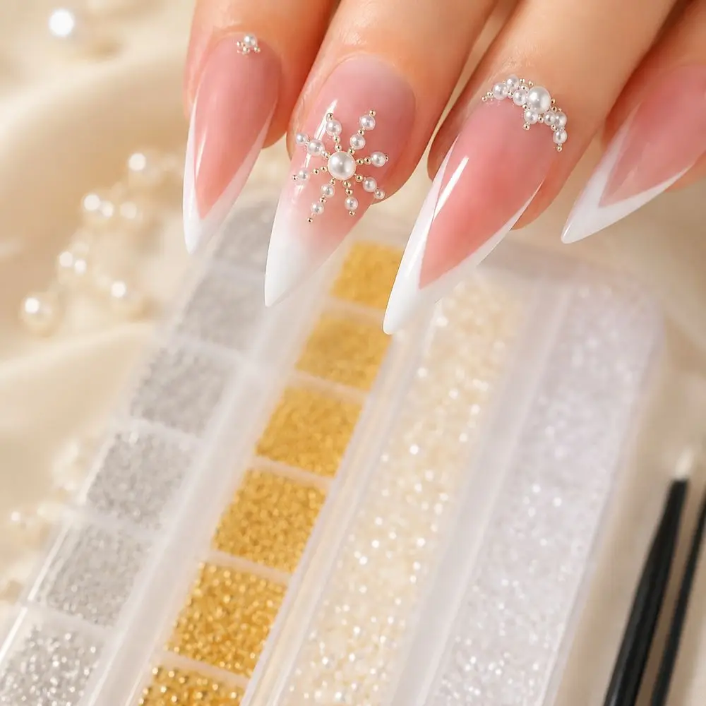 12Grids Elegant Flat Back Nail Charms Assorted Half Pearl Metal Rice Caviar Micro Beads Rivet Stud Ornaments For Nail Craft Work