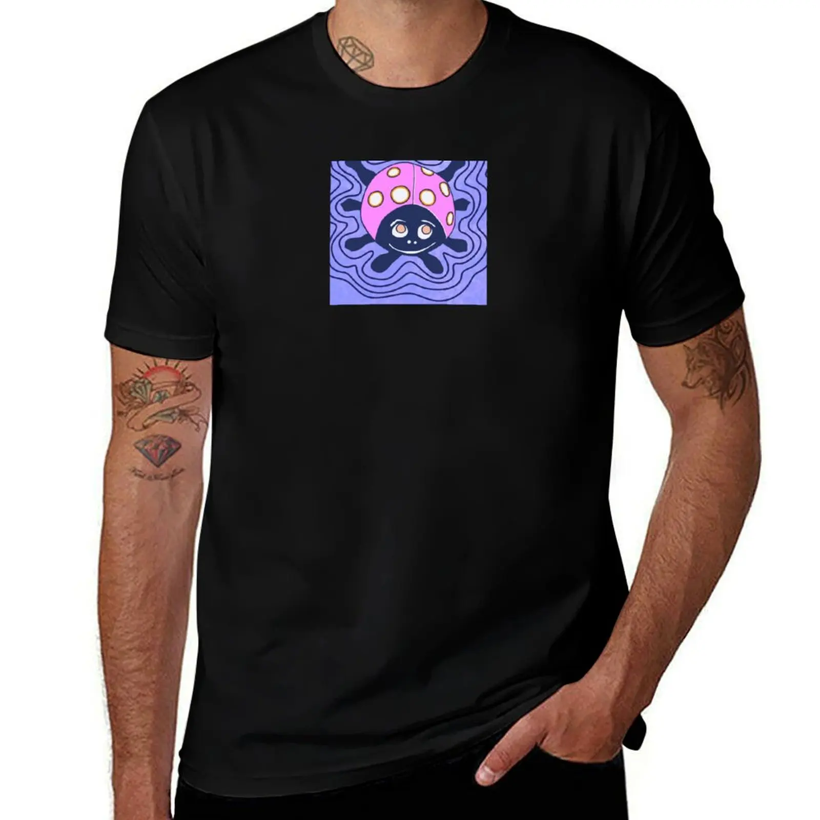 Pink Ladybug with Waves T-Shirt Soft Casual Short Sleeve Cotton Tee