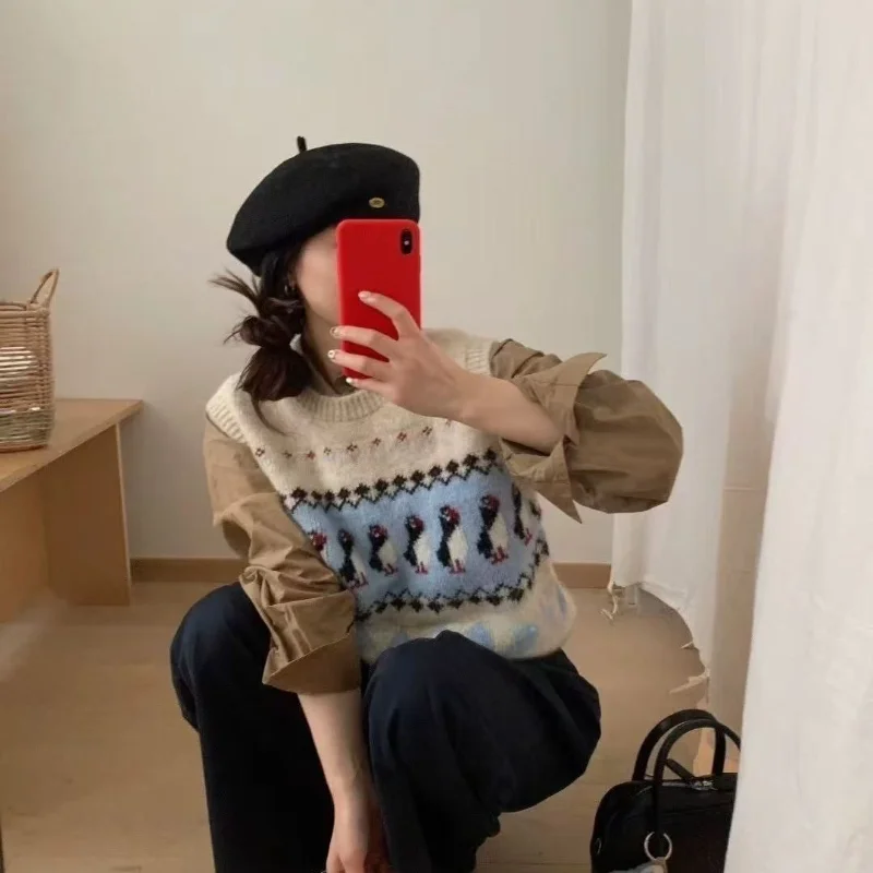 Urocza dzianinowa kamizelka żakardowa w stylu Y2K damska jesienno-zimowa z okrągłym dekoltem, bez rękawów, sweter w stylu koreańskim, casualowy pulower.