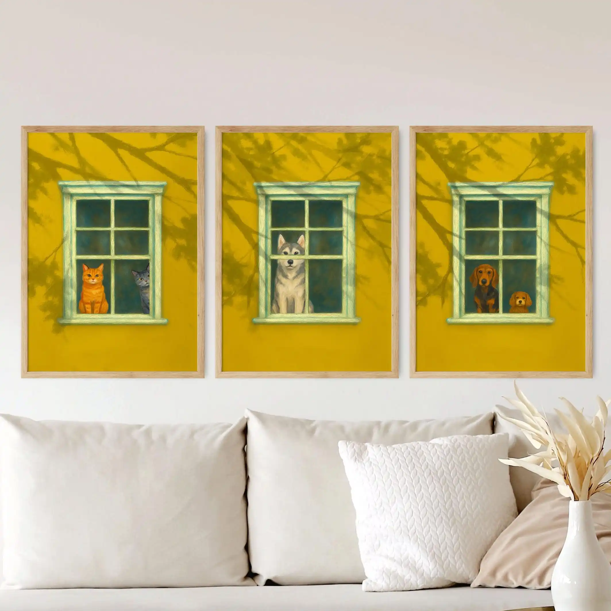 3pcs frameless Canvas Painting 3pcs (No frame),3Pcs Yellow Window Pet Wall Art,Canvas Prints,Whimsical Tree Shadow Animal Wall A