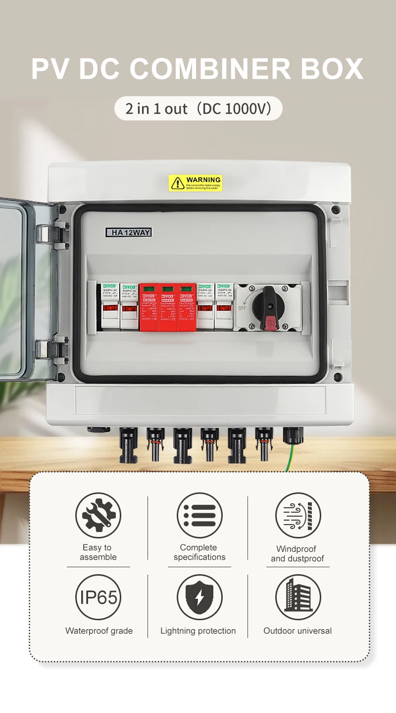 2 Eingänge 1 Out DC 1000 V Solar Photovoltaik PV Combiner Box mit Blitzschutz Sicherung MCB SPD wasserdichte Box IP65 – Detail 1