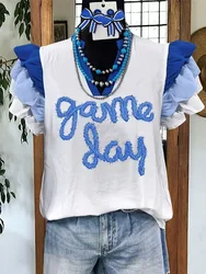 Casual Gameday Letter Stripe Print Top  Ruffled  Blouse