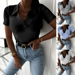 Women Summer Casual Polo Shirt V-Neck Solid Color Sexy Ladies Tops T-Shirt Ribbed Workwear Fashion Clothing