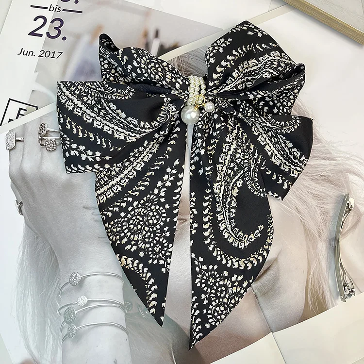 Vintage Thousand Bird Grid Large Bow Hairpin with Satin and Pearl Hairpin