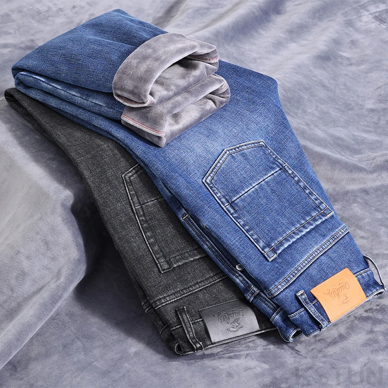 Celana Jeans Musim Dingin KSTUN 2025 Celana Jeans Pria Berbahan Stretch Hangat Celana Tebal Berlapis Fleece Celana Panjang Lurus untuk Fitness Bisnis Kasual Celana Jeans Biru