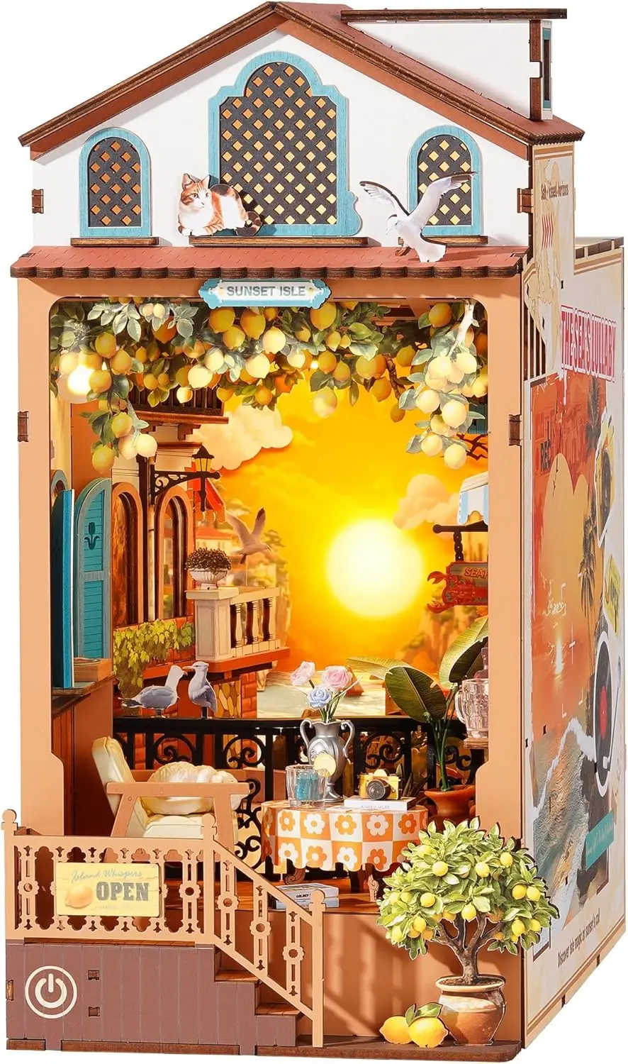DIY Book Nook Kit Sunset Isle, 3D Puzzles Coastal Sunset Theme Miniature House Kit, Lemon Tree & Seaside View Decor for Bookshel