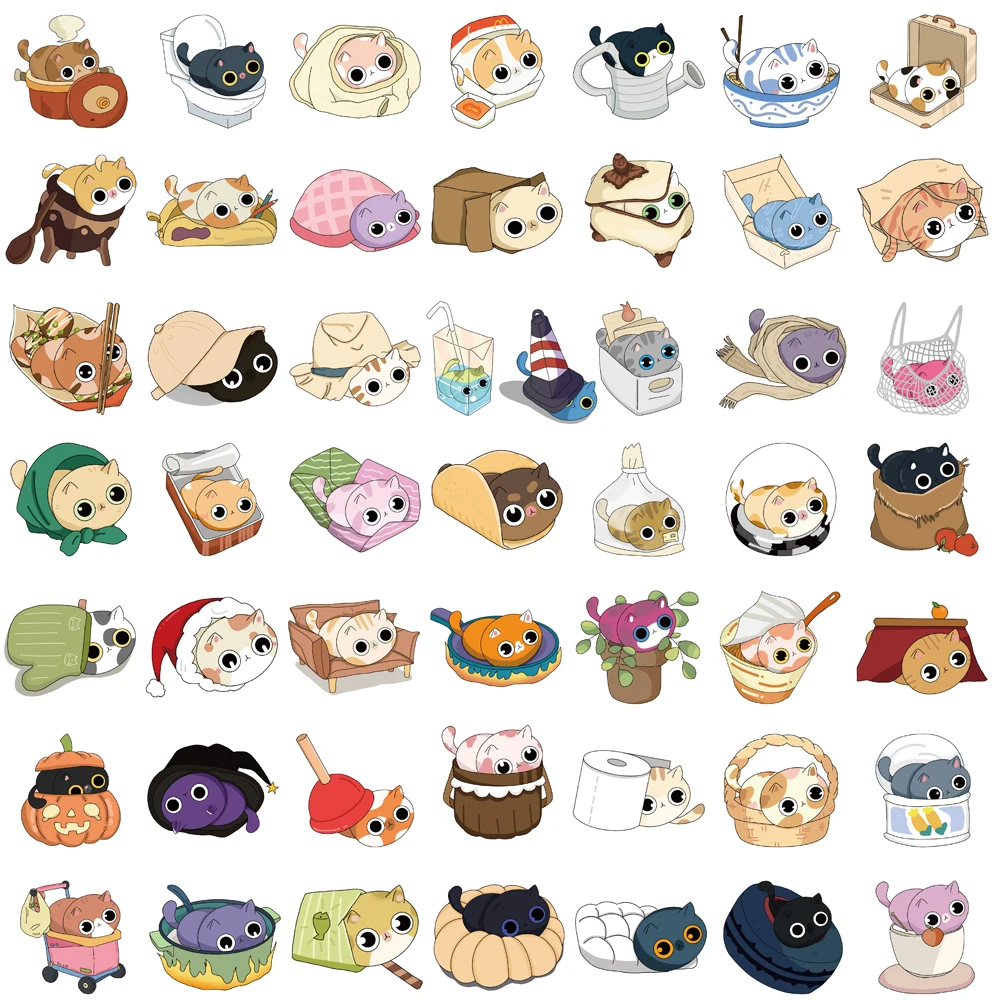 50 Stück Versteckspiel-Katzen-Aufkleber, Notizbuch, wasserdichte Packung, Party, dekoratives PVC, Geschenk für Laptop, Graffiti, Gepäck, Fahrradaufkleber