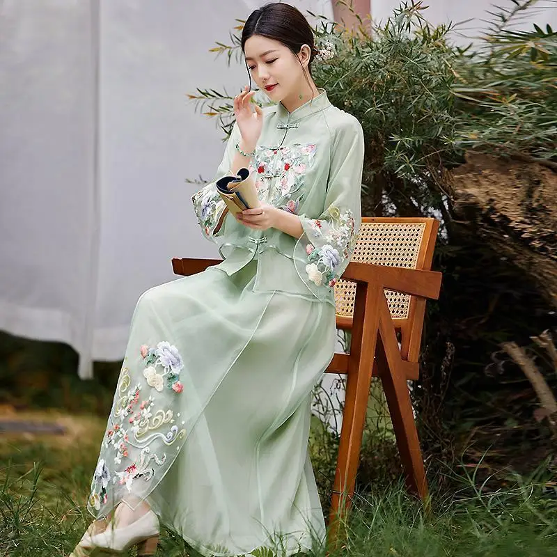 Zen Tea Art Improved Cheongsam Top Young Lady Ao Dai Dress Tang Suit women's Chinese Style Embroidery Retro Half Skirt Hanfu Set - Image 3