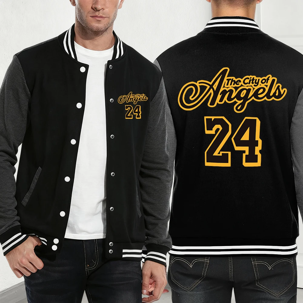 

The City Of Angels 24 Printing Baseball Coat Mens Autumn Fleece Warm Jackets Basics Pocket Loose Tops Casual Sporty Male Clothes