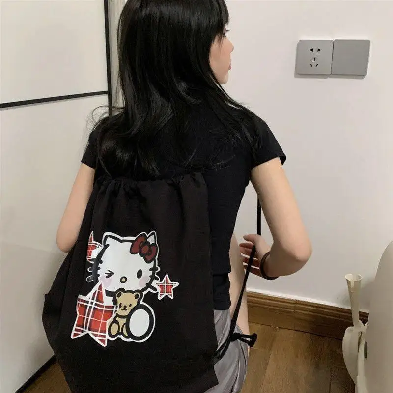 New Kawaii Cute Sanrio Hellokitty Bag Double Shoulder Canvas Bag Drawstring Bag Cartoon Cute Birthday Gifts Girlfriend Gifts