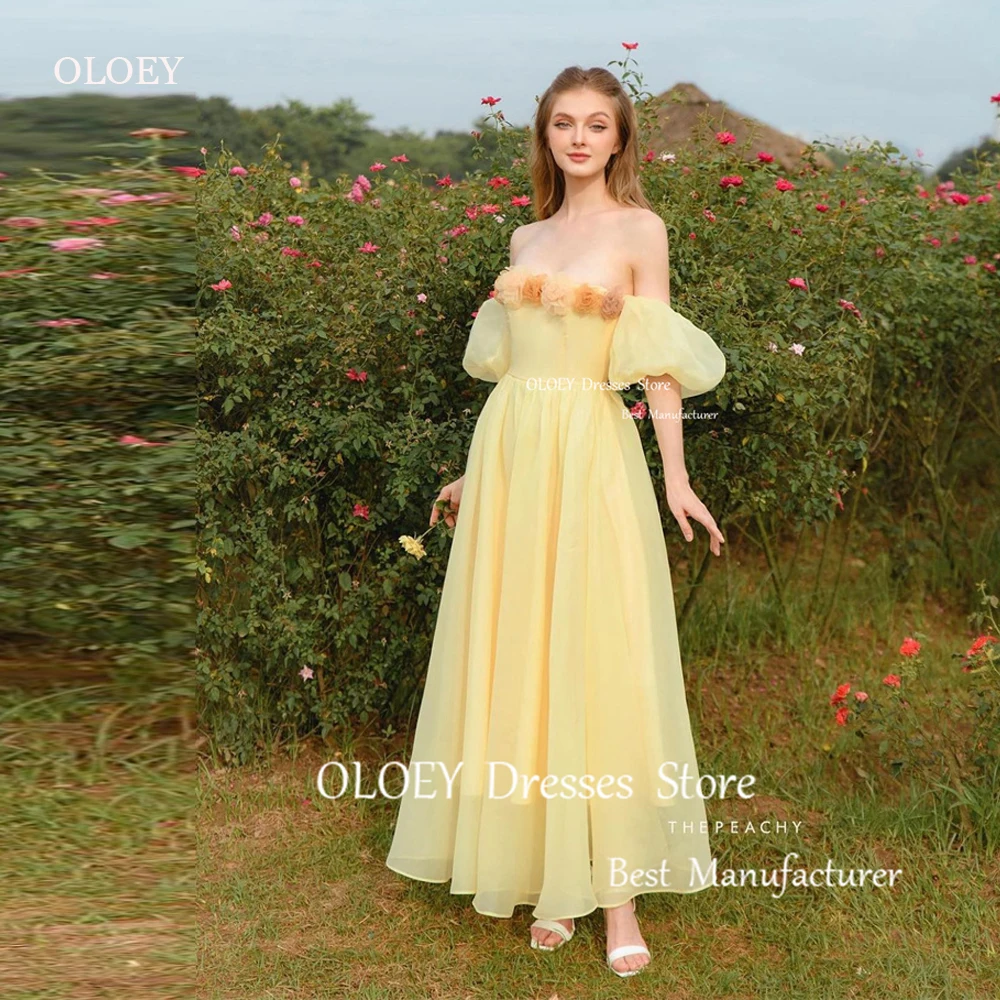 

OLOEY Yellow A Line Organza Evening Party Dresses Puff Short Sleeves Flowers Ankle Length Garden Prom Gowns Photoshoot Wedding