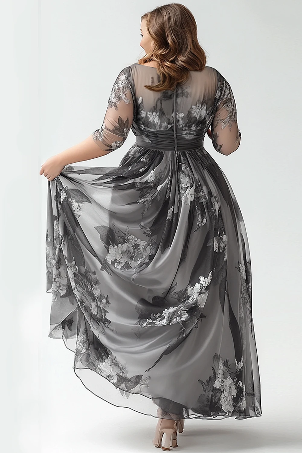 Flycurvy Plus Size Maxi-Kleid für die Brautmutter, dunkelgrau, Organza-Wickelkleid mit Blumendruck