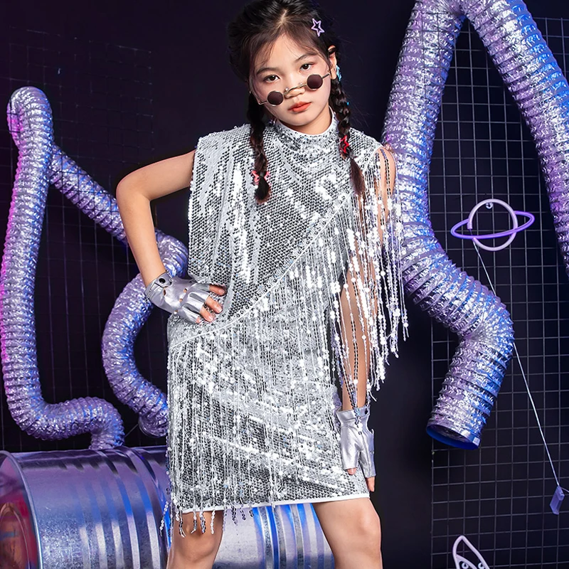 

Girl'S Runway Show Sequin Performance Suit Children Sliver Dress Shawl Suit Jazz Modern Dance Costumes Hip Hop Clothes DQL9048