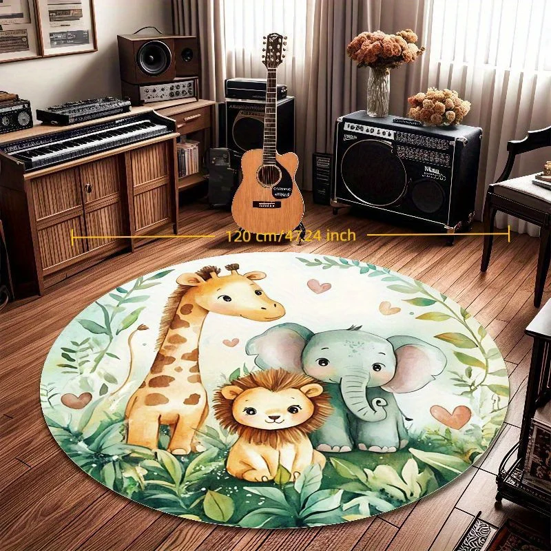 Large Round Animal Rug Kids Safari Jungle Decor Play Mat Giraffe Elephant Lion Cute Nursery Area Carpet Floor Rug