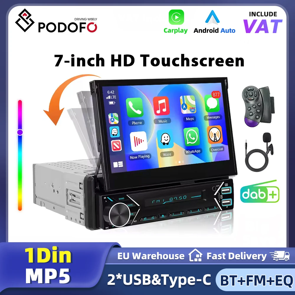 Podofo 7-calowy Automatycznie Wysuwany Ekran 1DIN Radio Samochodowe Bezprzewodowy CarPlay Android Auto Radio DAB Sterowanie Kierownicą Mirror Link