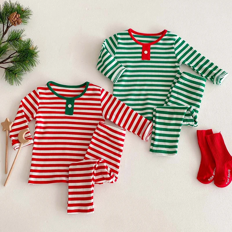 

Christmas Kids Baby Boys Girls Long Sleeve Stripe T-shirt +Pants Clothing Sets Baby Boys Girls Pajamas Children's Clothes Suit ﻿