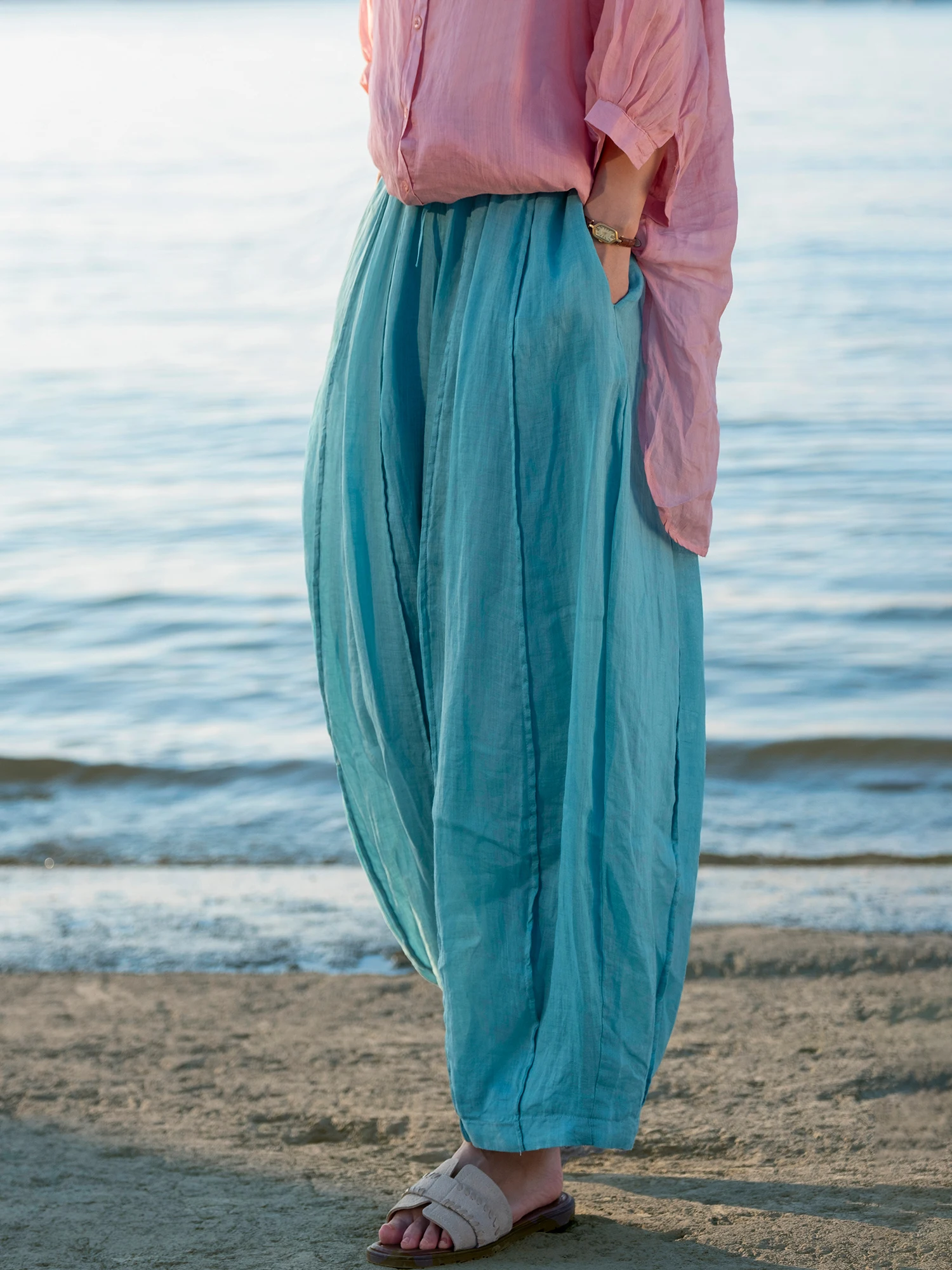 

Модные дышащие брюки-фонарики из 100% льна с многопанельным плетением, эластичным поясом, свободного кроя, женские повседневные брюки