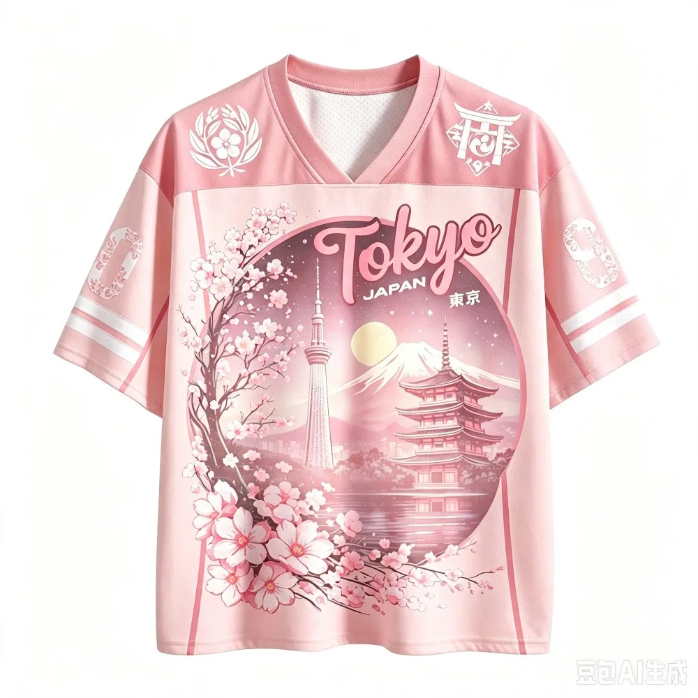 Tokyo Cherry Blossom Mount Fuji Breath Schnelltrocknendes 3D-Druck-T-Shirt mit V-Ausschnitt für Herren und Damen, Outdoor-Freizeitmode, Eltern-Kind-Kleidung – Detail 9