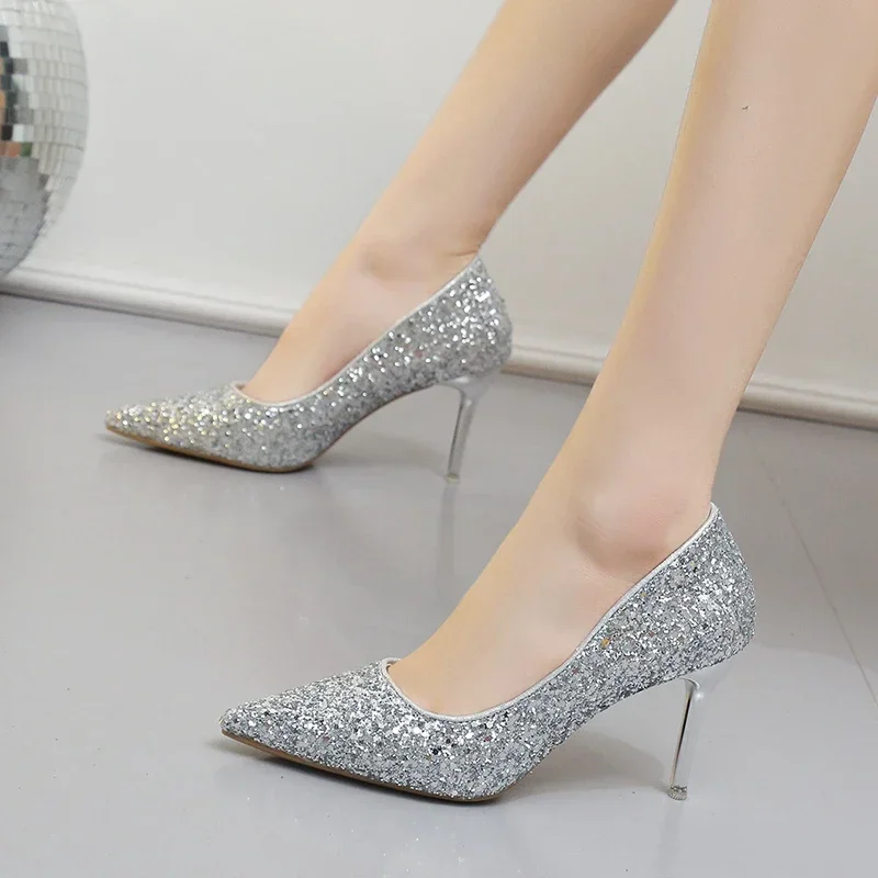 Fashion High Heels Women Sequins Thin Stiletto Banquet Wedding Shoes 2024 New Autumn /Winter Sexy Pointed Toe Ladies Party Shoes