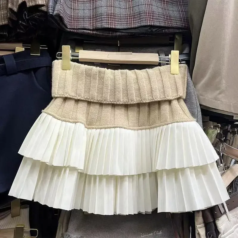 Menina quente emendado saia curta outono e inverno nova cintura elástica a linha de cintura alta bolo saia plissada saia pequena