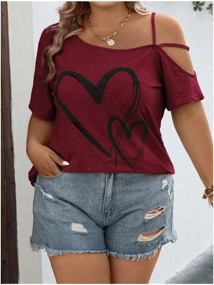 

Plus Size 2025 Summer Women's Tops Slash Shoulder Backless Love Pattern Beach Seaside Polyester Material Pullover