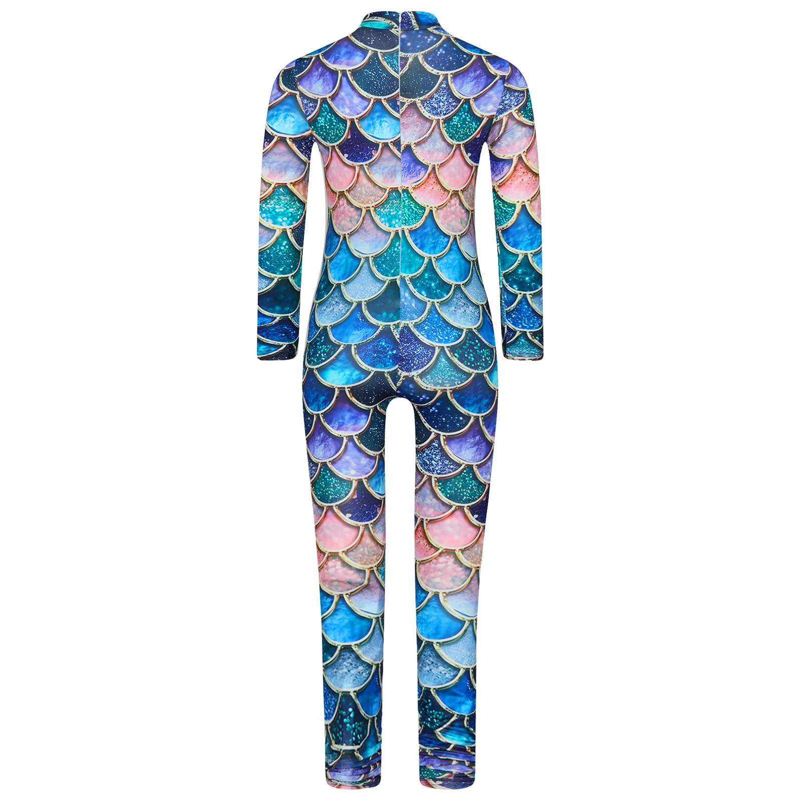 Kids Girls Mermaid Cosplay Costume Long Sleeve Fish Scales Print Zipper Jumpsuit Elastic Sport Gymnastic Dancing Full Bodysuits
