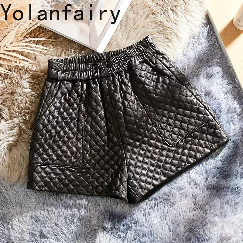 

Genuine Leather Shorts Women's Clothing 2024 Elastic High Waist Shorts Wide Leg Short Rhombus Cotton Sheepskin Shorts Fashion